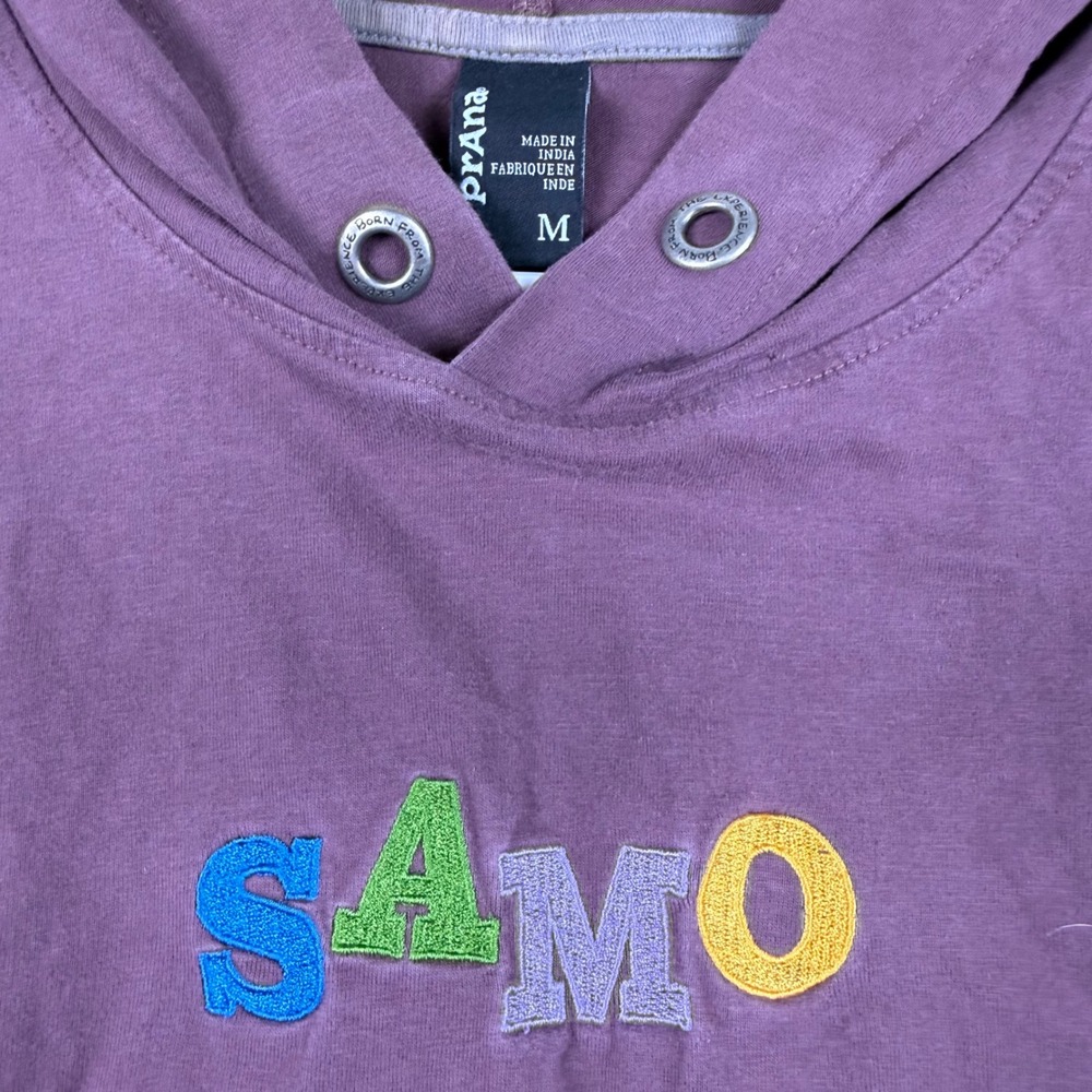 Prana SAMO Embroidered Hoodie Mens Medium Purple Long Sleeve Pullover Sweatshirt - Picture 7 of 7